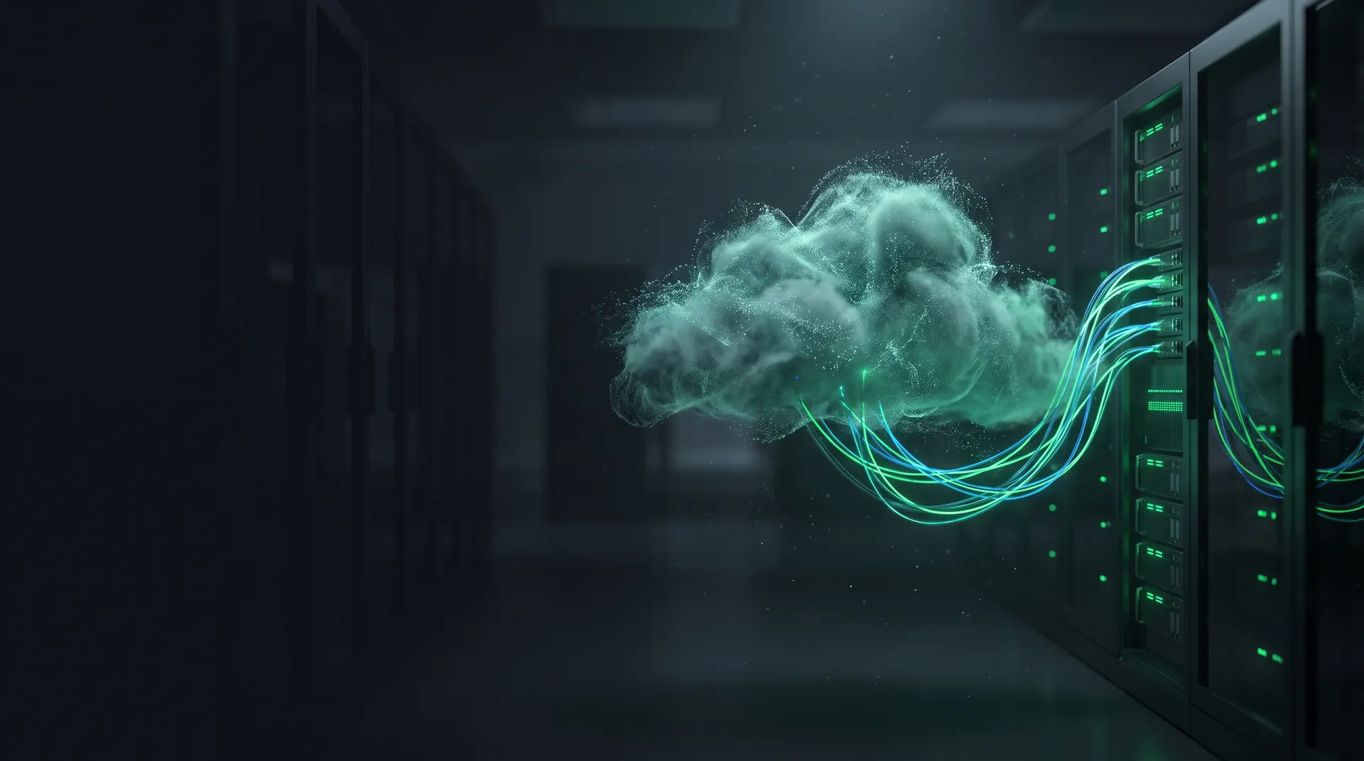 A glowing green cloud formed of light particles, linked by fibre-optic data streams to a secure server rack