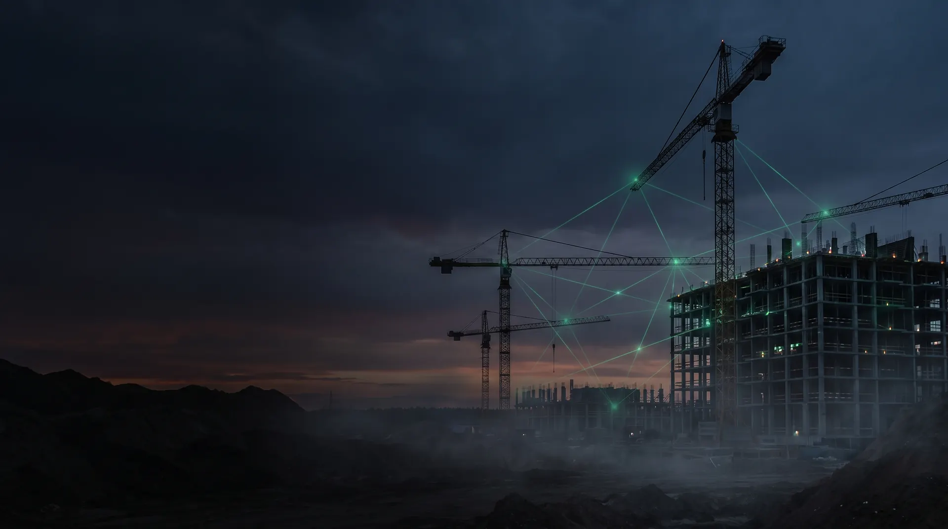 Construction cranes silhouetted against a dusk sky, linked across the site by a green network connecting every part of the build