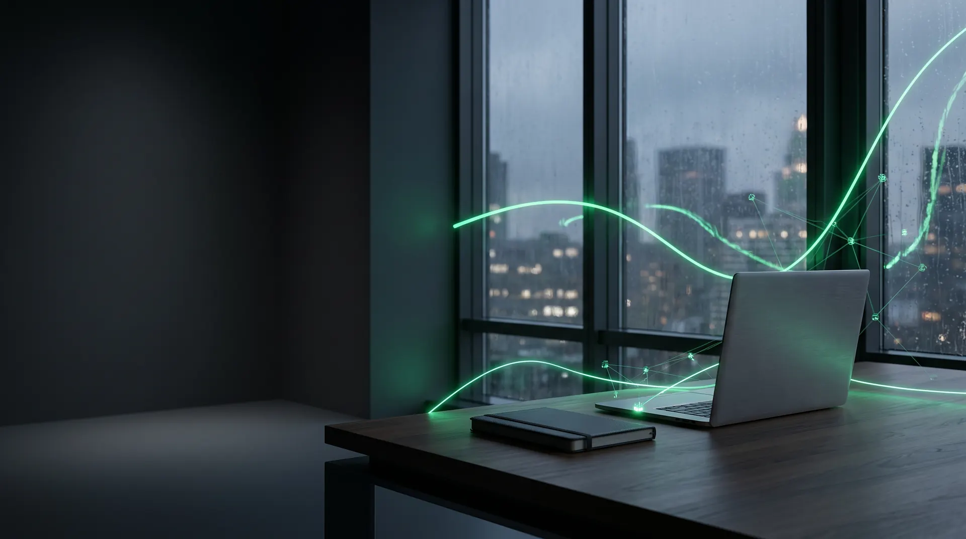A refined consulting workspace at dusk with a laptop on a desk, threaded by flowing green data connections