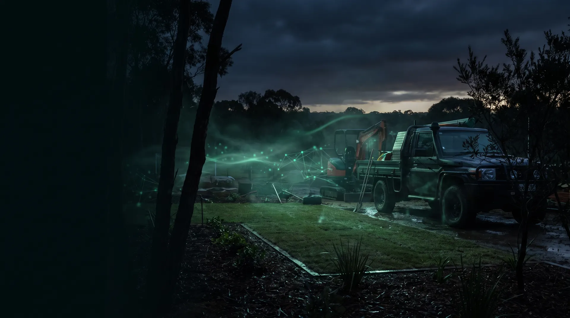 An outdoor landscaping worksite at dusk with a ute and excavator, linked by a quiet green data connection