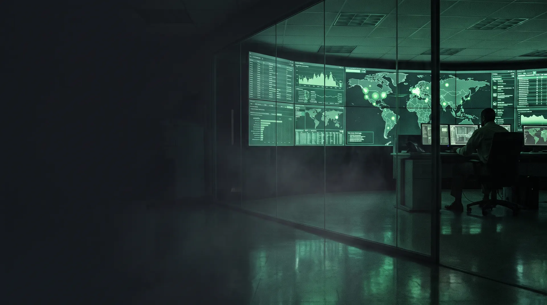 A security operations centre at night with a wall of green monitoring dashboards and a live world threat map, an analyst watching