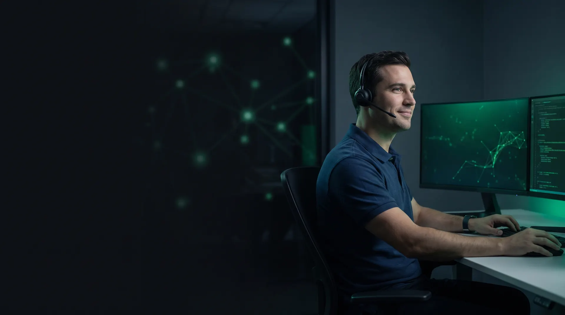 A friendly IT support technician in a headset at a tidy helpdesk, lit by the green glow of his monitors, ready to pick up