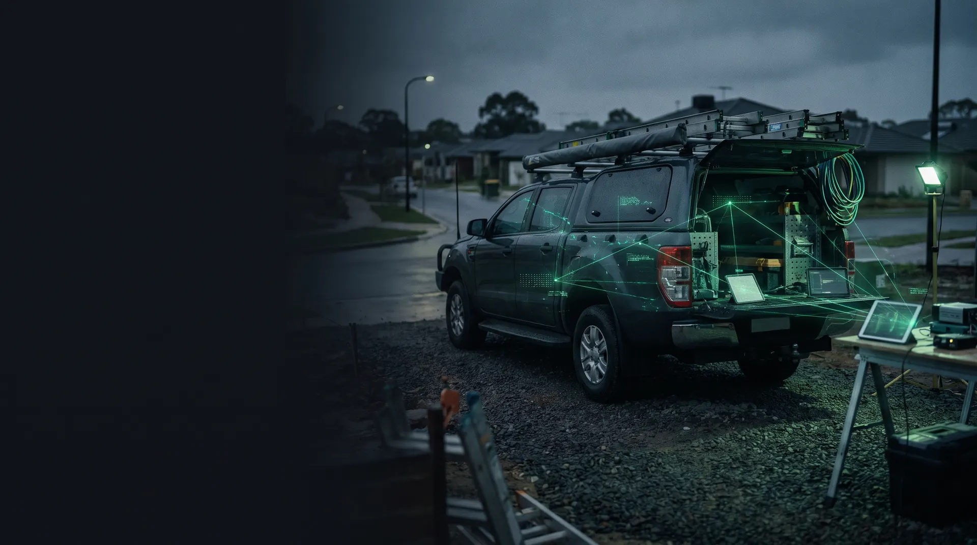 A tradesperson's work ute fitted out at a Hills District worksite at dusk, with a secure data connection running to the tools in the back